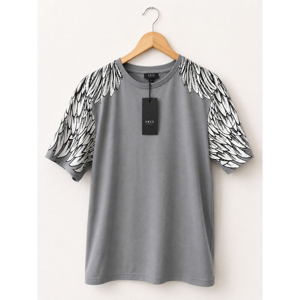 SMOG Men’s Wing Graphic T-Shirt Size L NWT Gray Black White Feather Tee